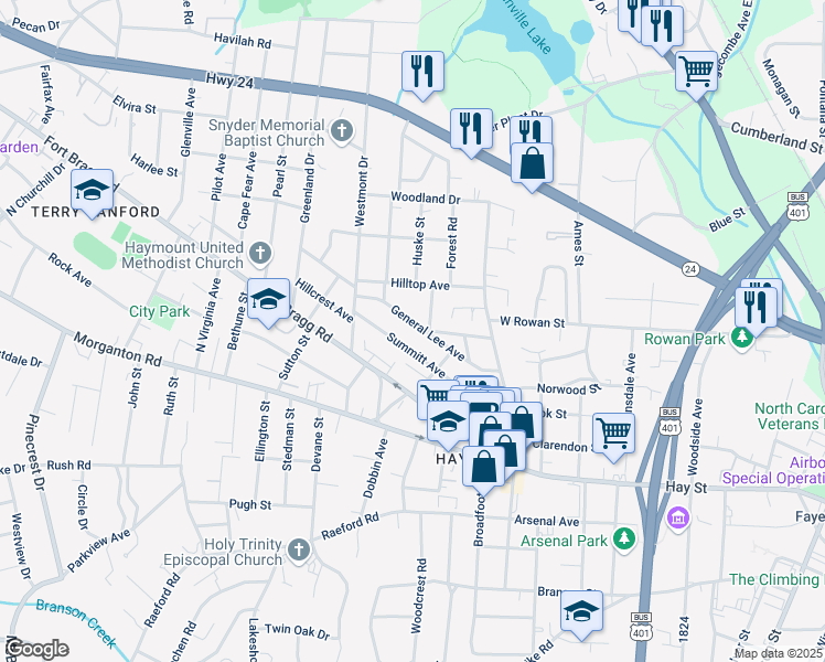 map of restaurants, bars, coffee shops, grocery stores, and more near 1407 General Lee Avenue in Fayetteville