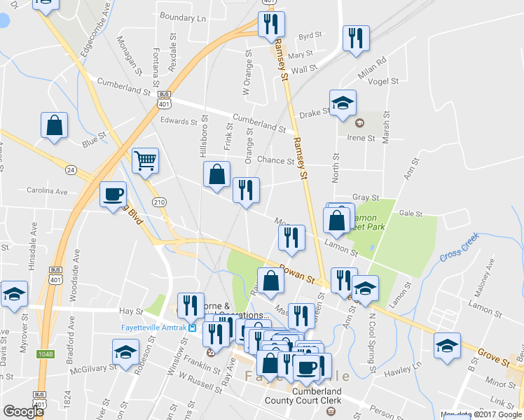 map of restaurants, bars, coffee shops, grocery stores, and more near 326 Moore Street in Fayetteville
