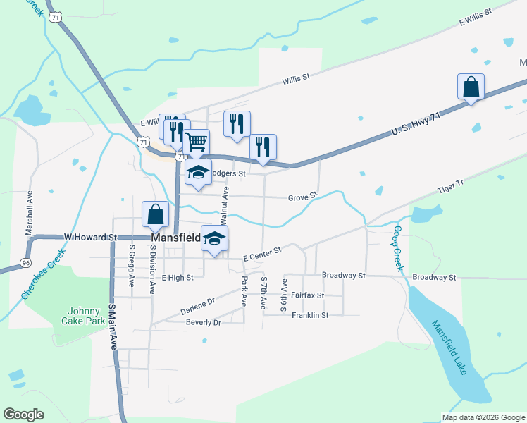 map of restaurants, bars, coffee shops, grocery stores, and more near Caldwell Avenue in Mansfield