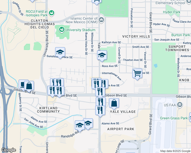 map of restaurants, bars, coffee shops, grocery stores, and more near 1830 Wilmoore Drive Southeast in Albuquerque