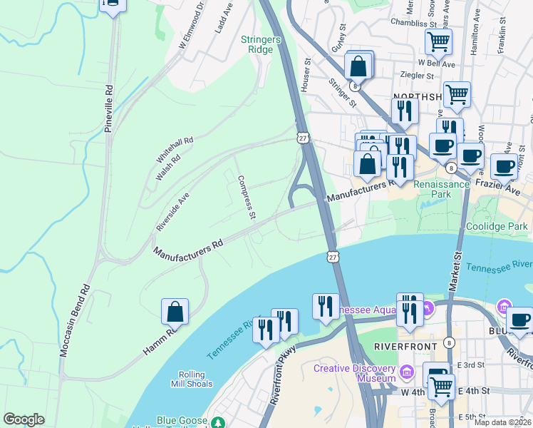 map of restaurants, bars, coffee shops, grocery stores, and more near 200 Compress Street in Chattanooga