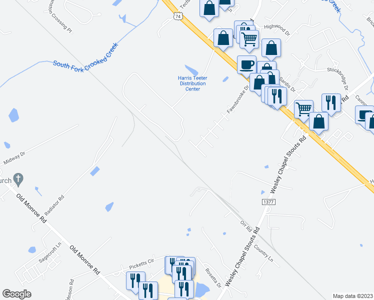 map of restaurants, bars, coffee shops, grocery stores, and more near 5905 Bridgeway Drive in Indian Trail