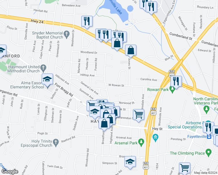 map of restaurants, bars, coffee shops, grocery stores, and more near 1113 West Rowan Street in Fayetteville