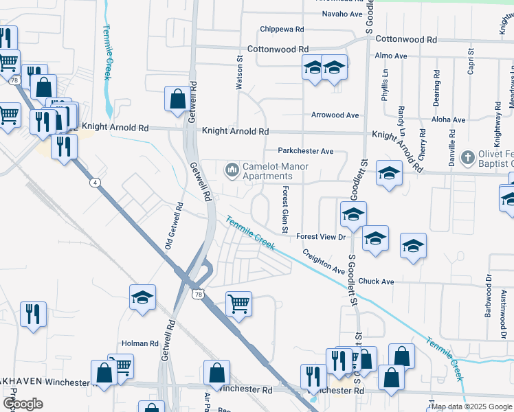 map of restaurants, bars, coffee shops, grocery stores, and more near 3216 Ashwood Street in Memphis