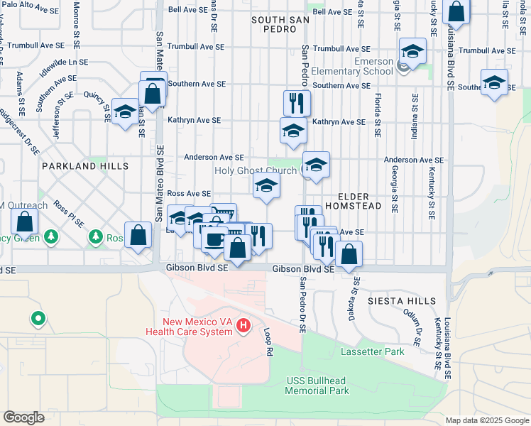 map of restaurants, bars, coffee shops, grocery stores, and more near 1100 Cardenas Drive Southeast in Albuquerque