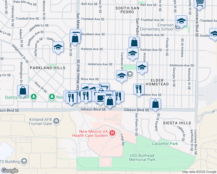 map of restaurants, bars, coffee shops, grocery stores, and more near 5401 Eastern Avenue Southeast in Albuquerque