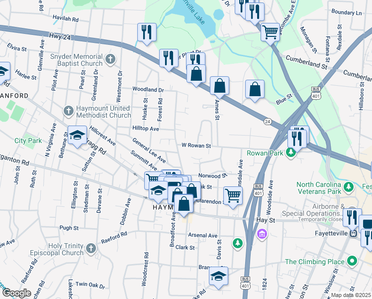 map of restaurants, bars, coffee shops, grocery stores, and more near 1101 West Rowan Street in Fayetteville