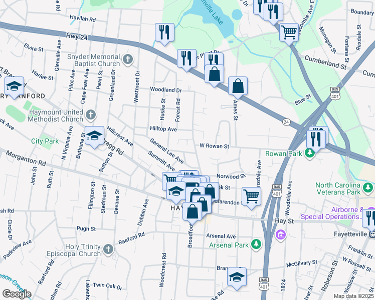 map of restaurants, bars, coffee shops, grocery stores, and more near 1208 Goodview Avenue in Fayetteville