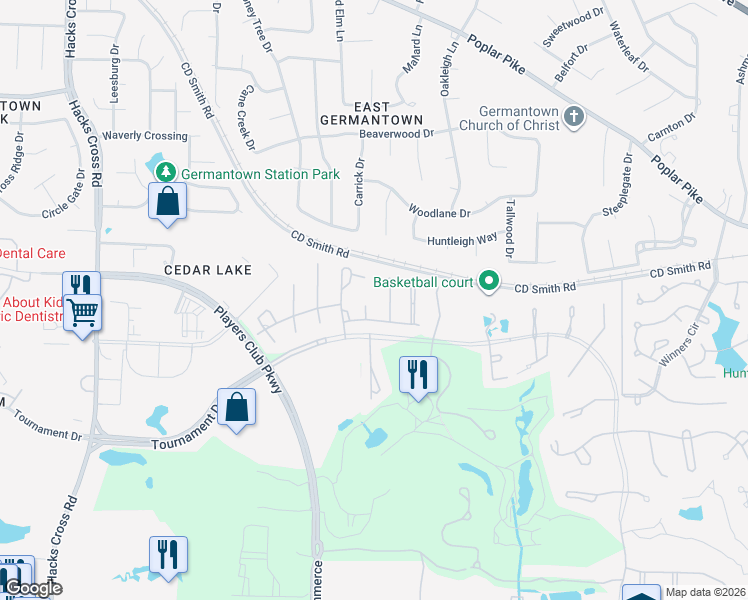 map of restaurants, bars, coffee shops, grocery stores, and more near 3225 Winderly Pine Cove in Memphis