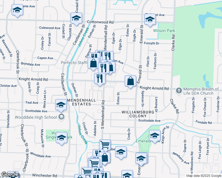 map of restaurants, bars, coffee shops, grocery stores, and more near 3218 13 Colony Mall in Memphis