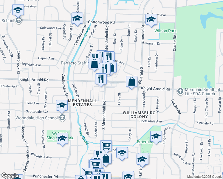 map of restaurants, bars, coffee shops, grocery stores, and more near 3218 13 Colony Mall in Memphis