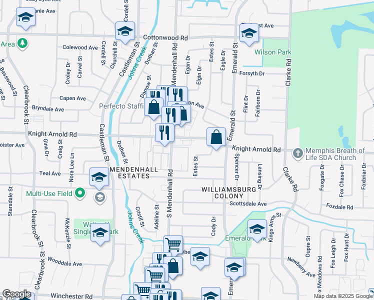 map of restaurants, bars, coffee shops, grocery stores, and more near 3218 13 Colony Mall in Memphis