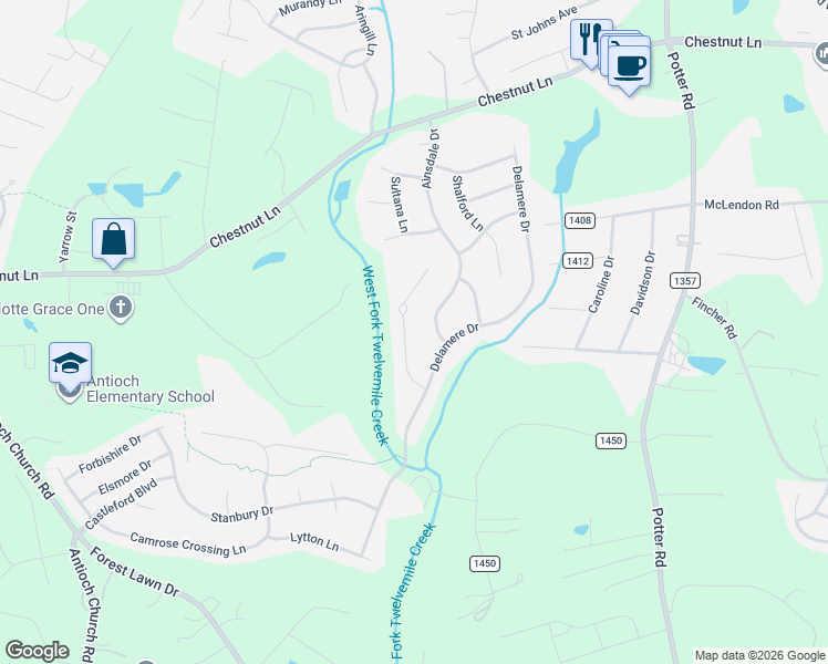map of restaurants, bars, coffee shops, grocery stores, and more near 1016 Westbury Drive in Matthews