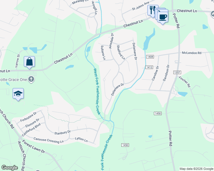 map of restaurants, bars, coffee shops, grocery stores, and more near 1016 Westbury Drive in Matthews