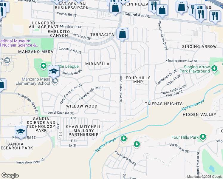 map of restaurants, bars, coffee shops, grocery stores, and more near 11800 Canyonlands Place Southeast in Albuquerque