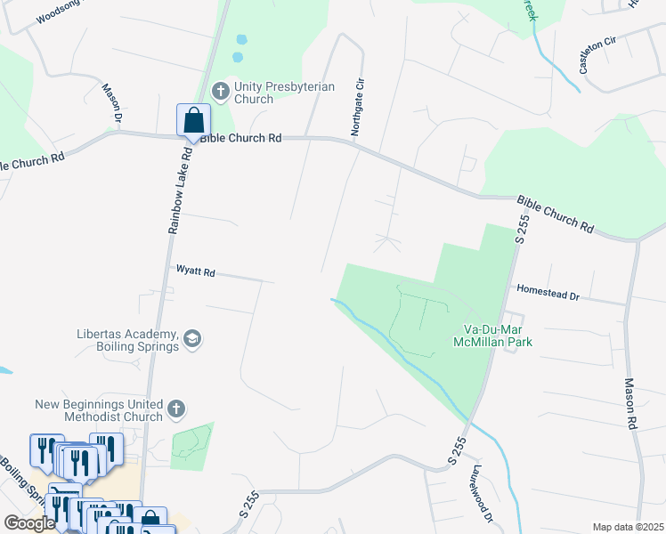 map of restaurants, bars, coffee shops, grocery stores, and more near 573 Bennington Farm Drive in Boiling Springs