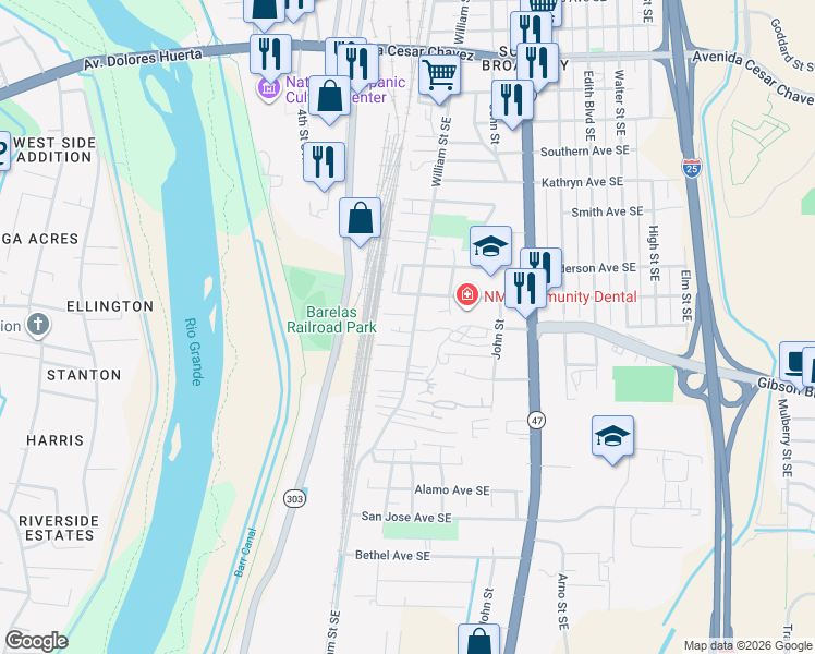 map of restaurants, bars, coffee shops, grocery stores, and more near 2201 William Street Southeast in Albuquerque