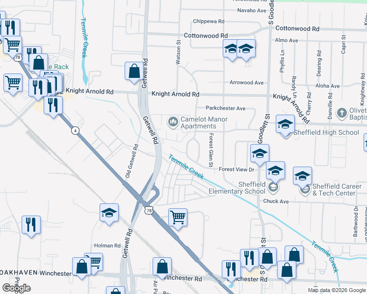 map of restaurants, bars, coffee shops, grocery stores, and more near 3213 Ashwood Street in Memphis