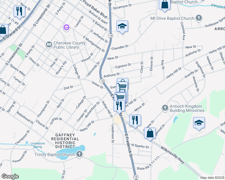map of restaurants, bars, coffee shops, grocery stores, and more near 108 Sunset Drive in Gaffney