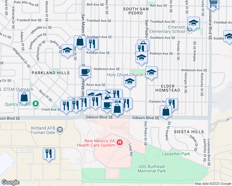map of restaurants, bars, coffee shops, grocery stores, and more near 5401 Eastern Avenue Southeast in Albuquerque