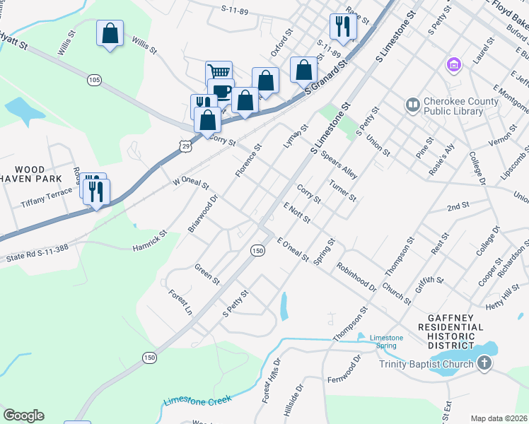 map of restaurants, bars, coffee shops, grocery stores, and more near 908 South Limestone Street in Gaffney