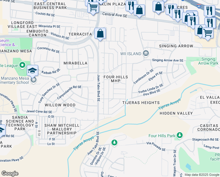 map of restaurants, bars, coffee shops, grocery stores, and more near 828 Ram Trail SE in Albuquerque
