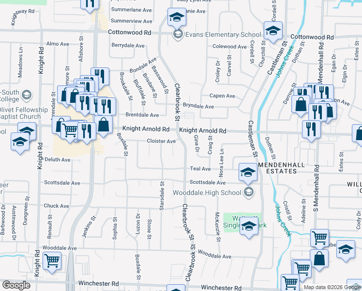 map of restaurants, bars, coffee shops, grocery stores, and more near 3205 Clearbrook Street in Memphis