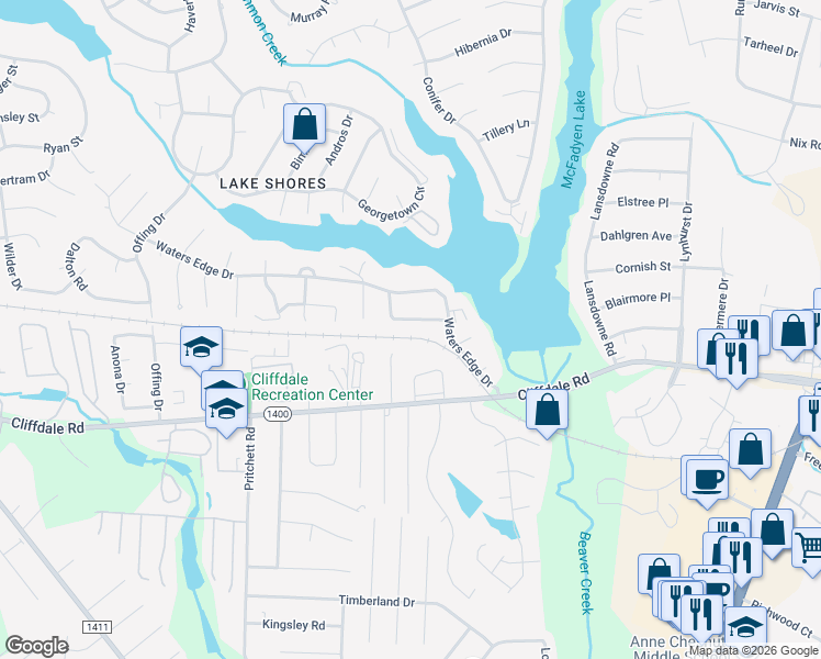 map of restaurants, bars, coffee shops, grocery stores, and more near 5737 Waterwood Drive in Fayetteville