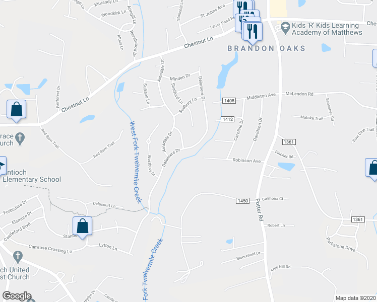map of restaurants, bars, coffee shops, grocery stores, and more near 3402 Delamere Drive in Matthews