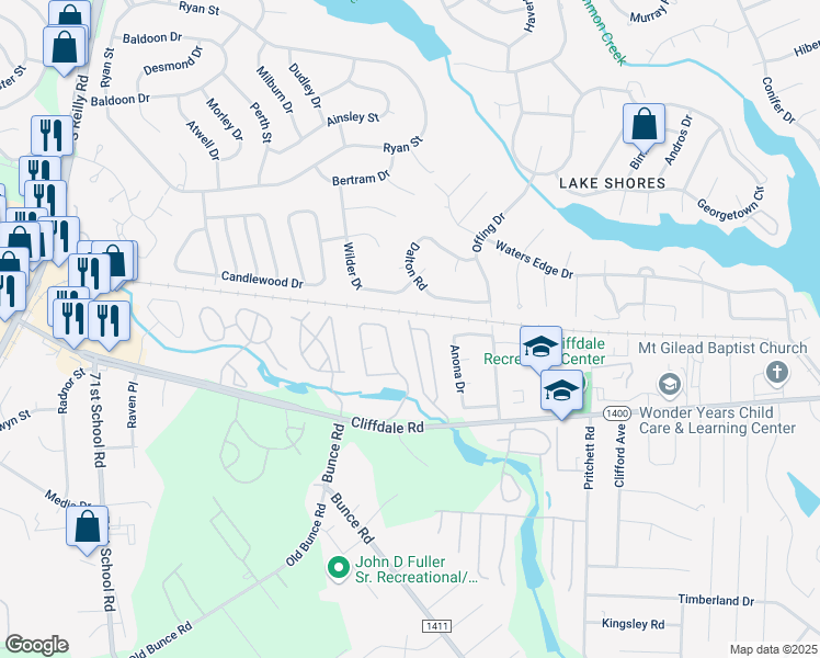 map of restaurants, bars, coffee shops, grocery stores, and more near 508 Regency Drive in Fayetteville