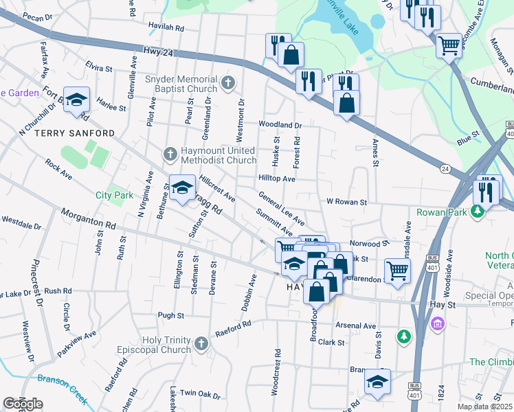 map of restaurants, bars, coffee shops, grocery stores, and more near 1420 Summitt Avenue in Fayetteville