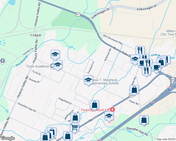 map of restaurants, bars, coffee shops, grocery stores, and more near 2811 Fernleaf Lane in Chattanooga