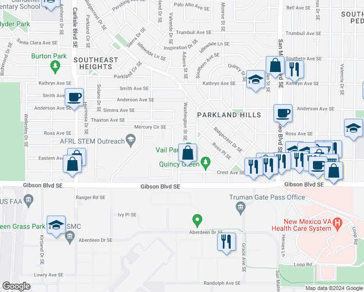 map of restaurants, bars, coffee shops, grocery stores, and more near 1021 Washington Street Southeast in Albuquerque
