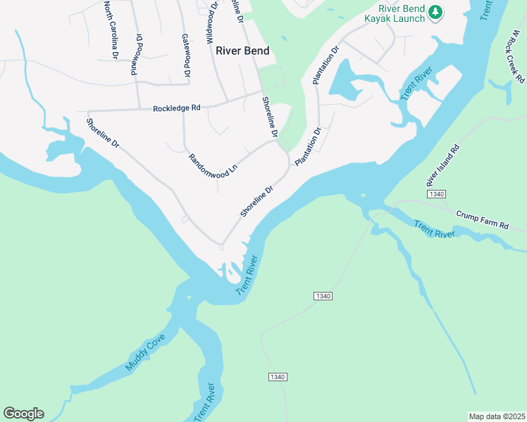 map of restaurants, bars, coffee shops, grocery stores, and more near 224 Shoreline Drive in New Bern