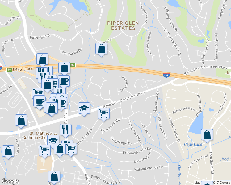 map of restaurants, bars, coffee shops, grocery stores, and more near 11428 Bloomfield Drive in Charlotte