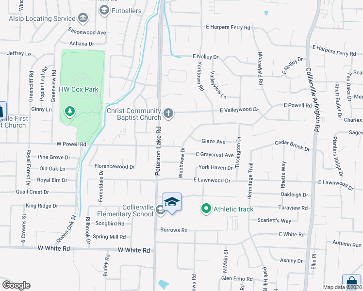 map of restaurants, bars, coffee shops, grocery stores, and more near 115 East Powell Road in Collierville