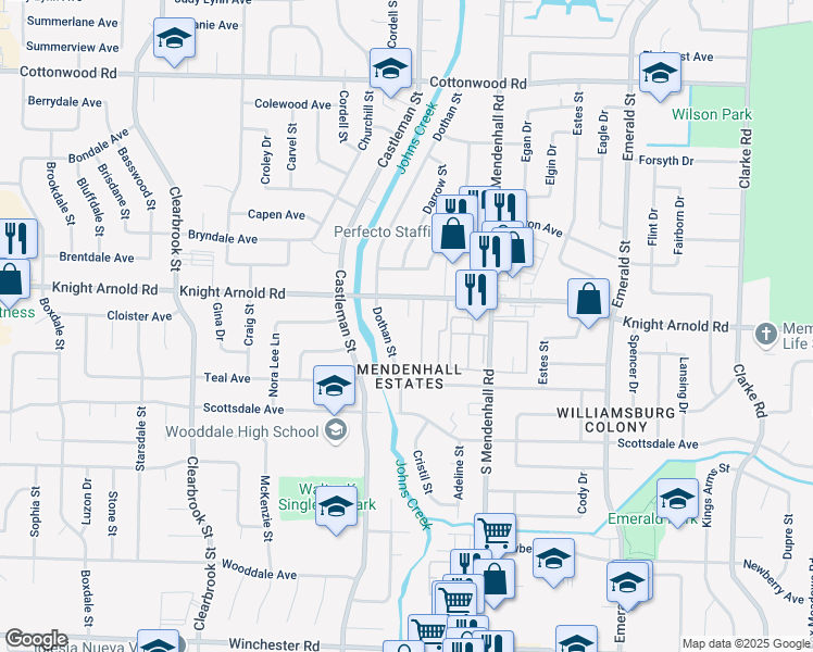 map of restaurants, bars, coffee shops, grocery stores, and more near 3205 Medora Cove in Memphis