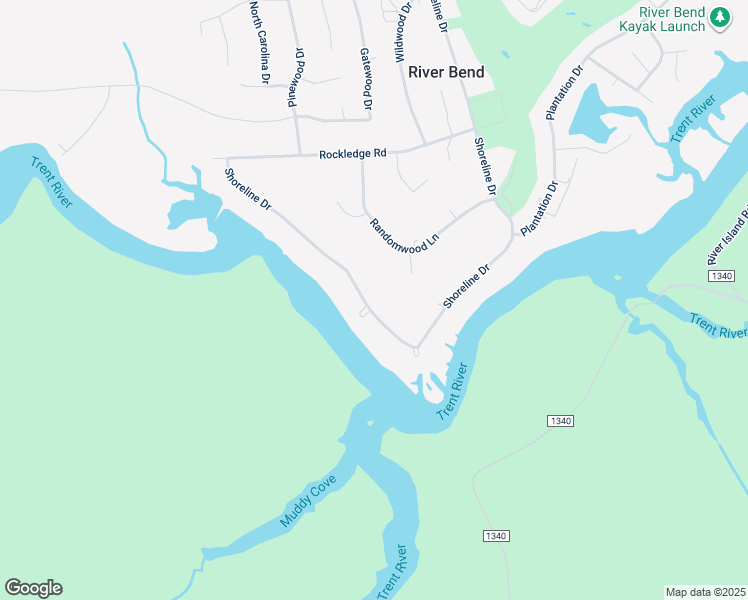 map of restaurants, bars, coffee shops, grocery stores, and more near 265 Shoreline Drive in New Bern