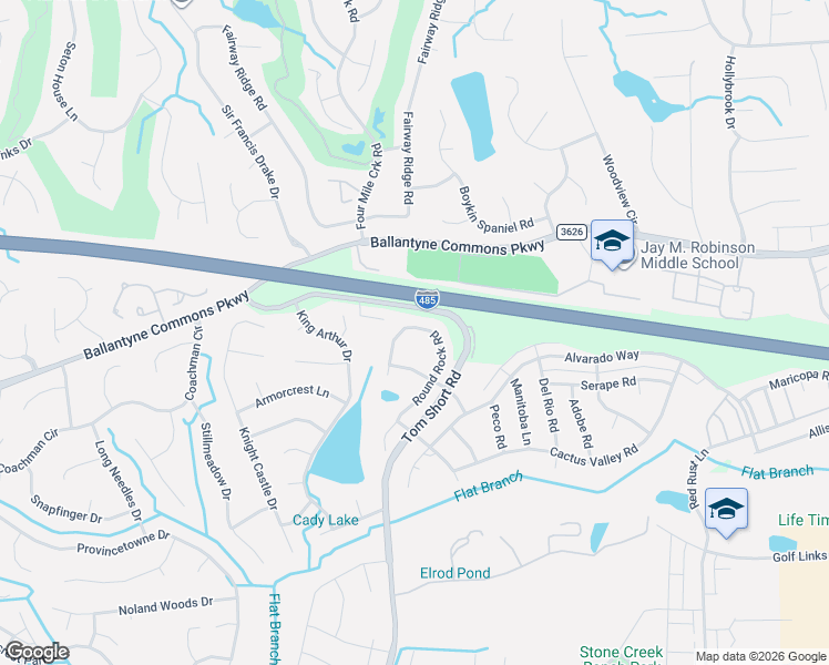 map of restaurants, bars, coffee shops, grocery stores, and more near 10718 Round Rock Road in Charlotte