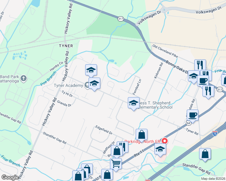 map of restaurants, bars, coffee shops, grocery stores, and more near 7106 Blossom Circle in Chattanooga