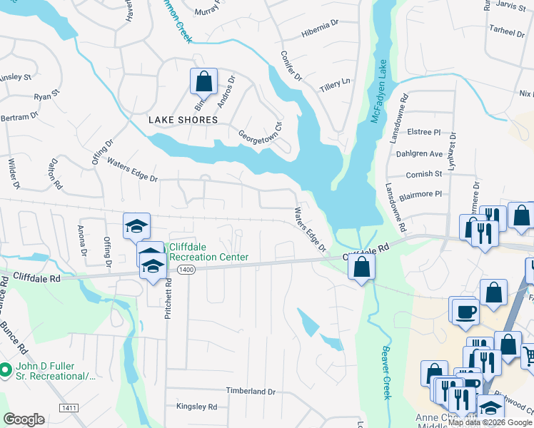 map of restaurants, bars, coffee shops, grocery stores, and more near 5737 Waterwood Drive in Fayetteville