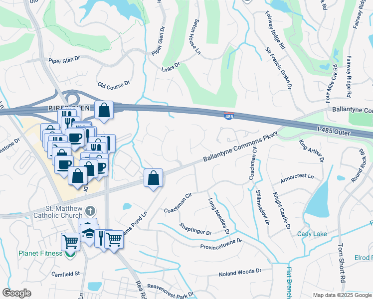 map of restaurants, bars, coffee shops, grocery stores, and more near 11428 Bloomfield Drive in Charlotte