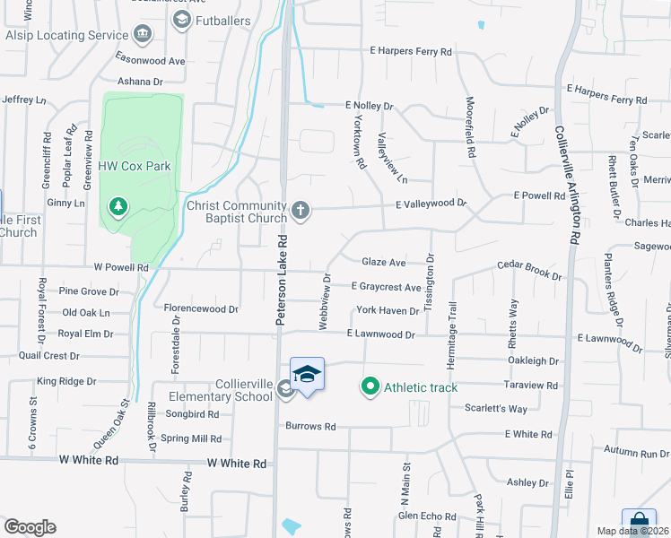 map of restaurants, bars, coffee shops, grocery stores, and more near 115 East Powell Road in Collierville