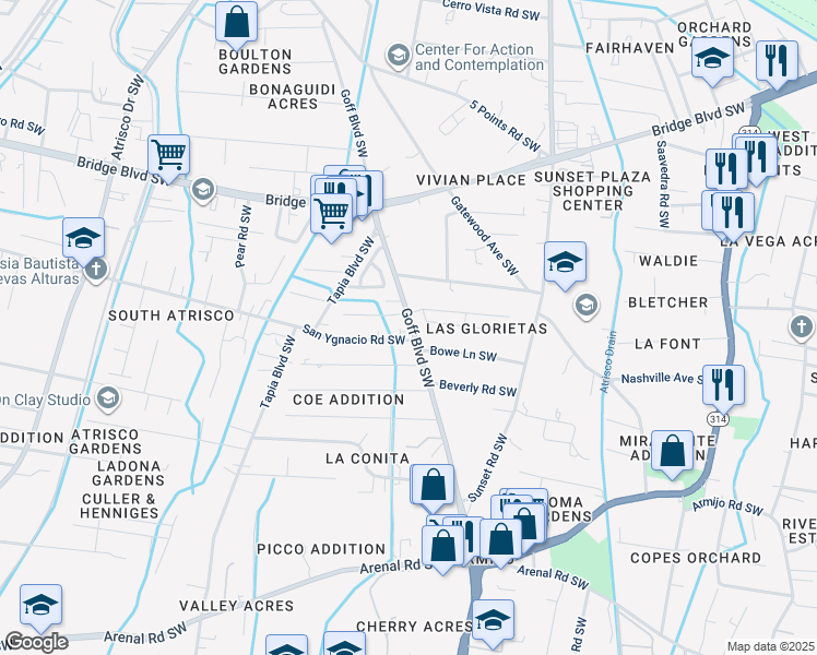 map of restaurants, bars, coffee shops, grocery stores, and more near 1135b Goff Boulevard Southwest in Albuquerque