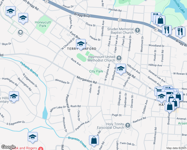 map of restaurants, bars, coffee shops, grocery stores, and more near 114 Woodrow Street in Fayetteville