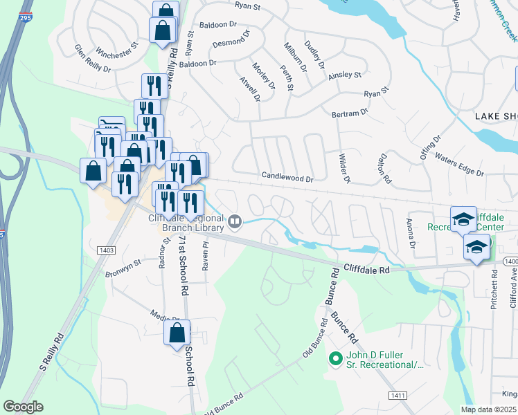 map of restaurants, bars, coffee shops, grocery stores, and more near 6856 Cinnamon Creek Circle in Fayetteville