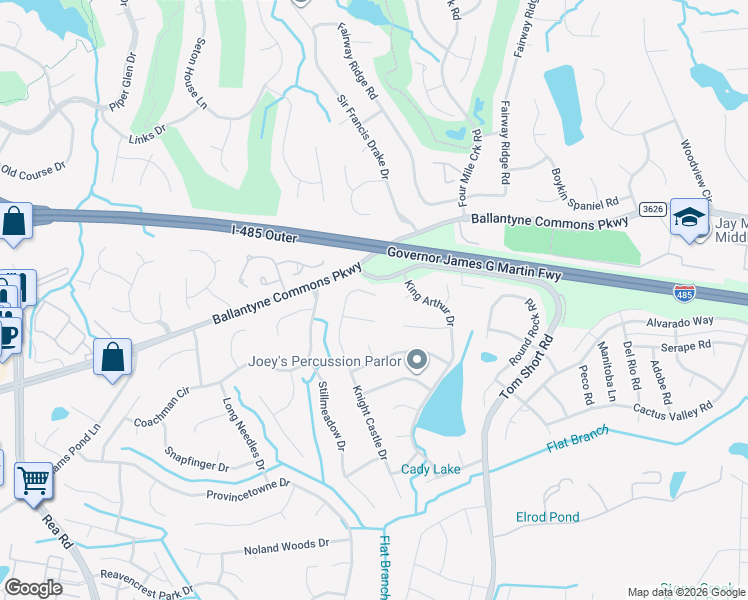 map of restaurants, bars, coffee shops, grocery stores, and more near 10611 Knight Castle Drive in Charlotte