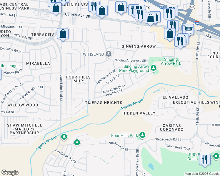 map of restaurants, bars, coffee shops, grocery stores, and more near 12604 Yorba Linda Drive Southeast in Albuquerque