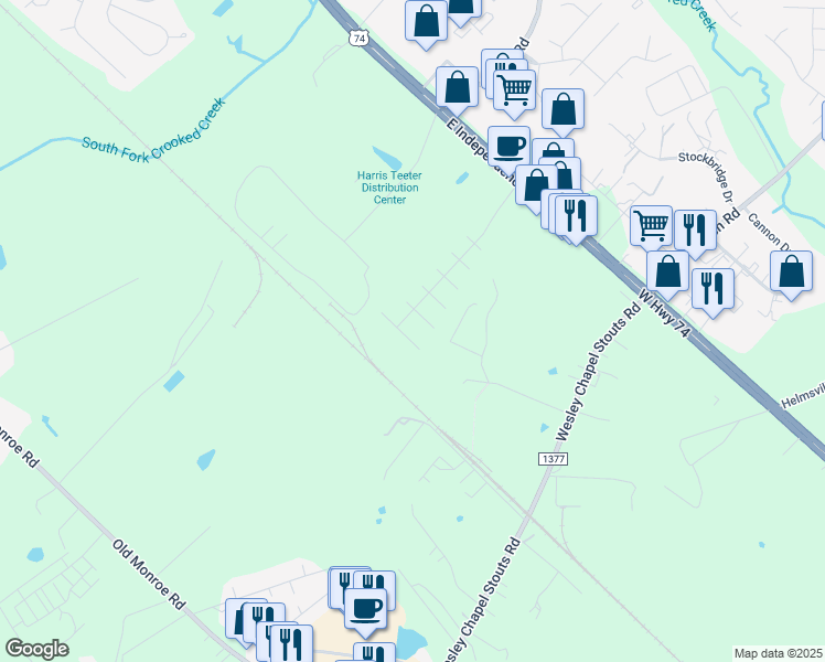 map of restaurants, bars, coffee shops, grocery stores, and more near 5812 Bridgeway Drive in Indian Trail