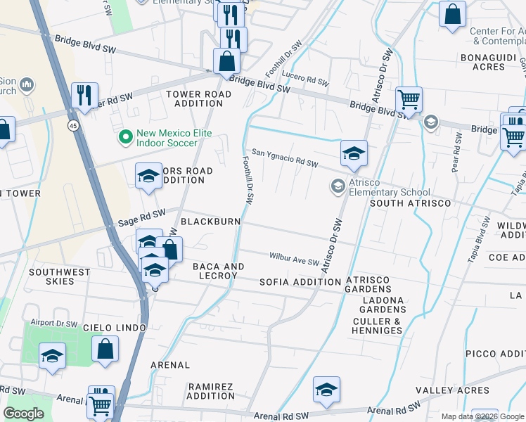 map of restaurants, bars, coffee shops, grocery stores, and more near 99999 Rosendo Garcia Road Southwest in Albuquerque